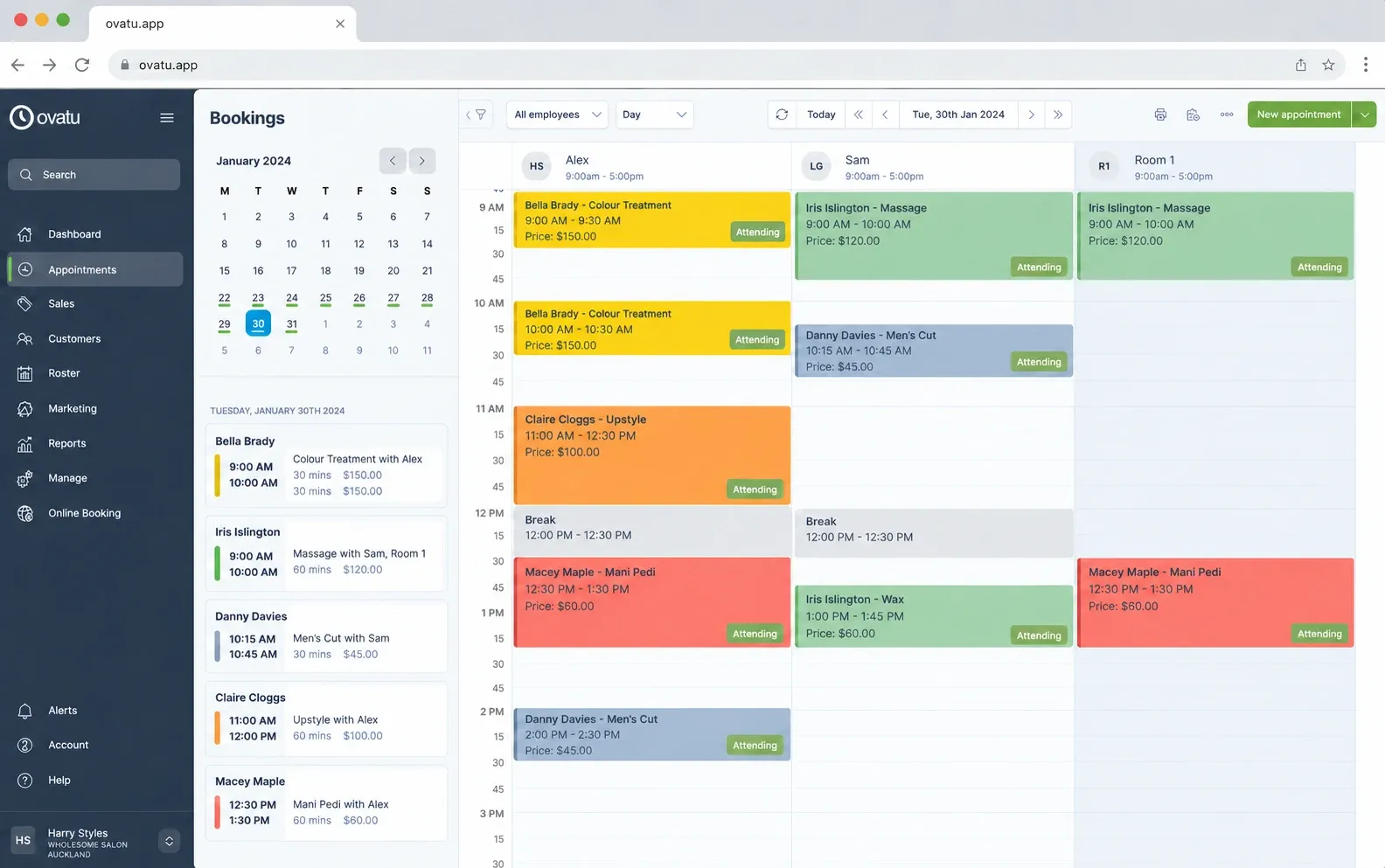 Ovatu's schedule view with employee columns, appointments and booking tools
